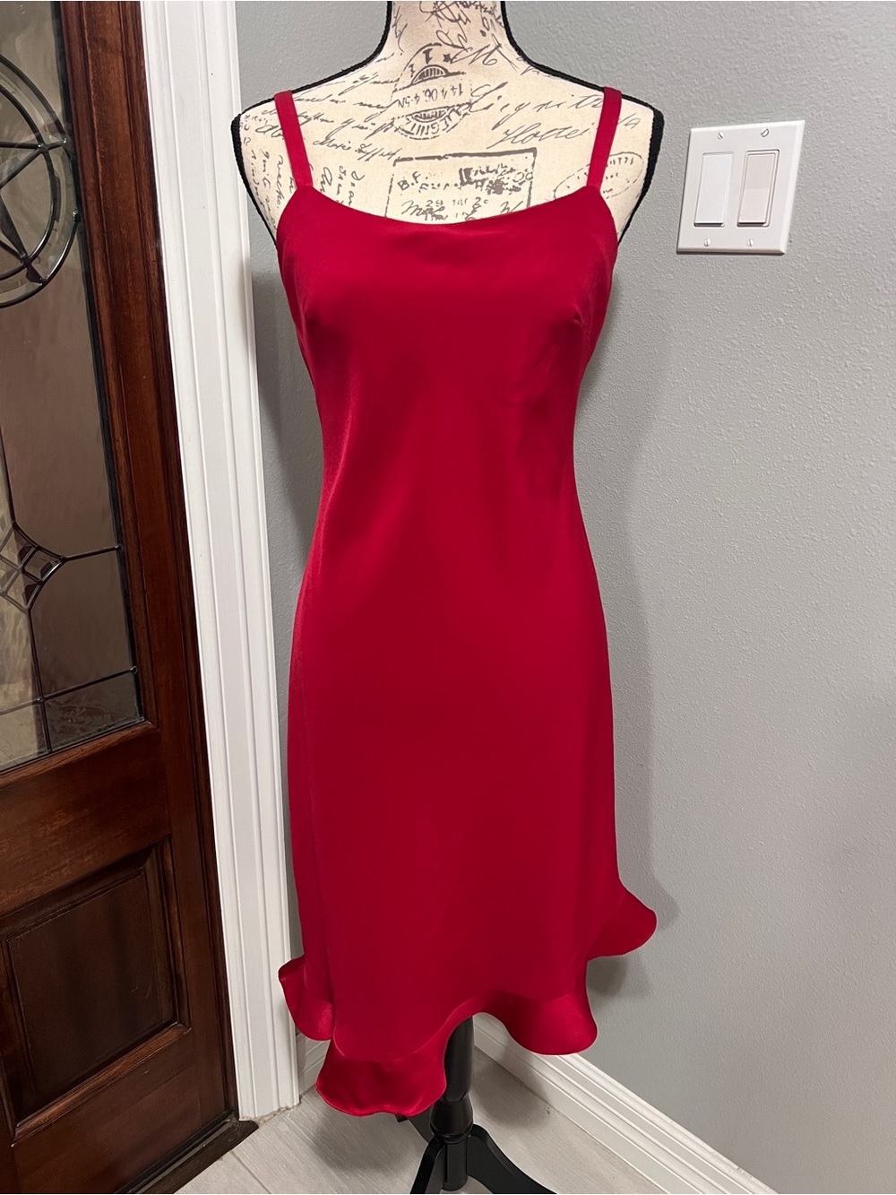 Vintage 90s Donna Ricco Red Satin Asymmetric Ruffle Slip Dress Size 4